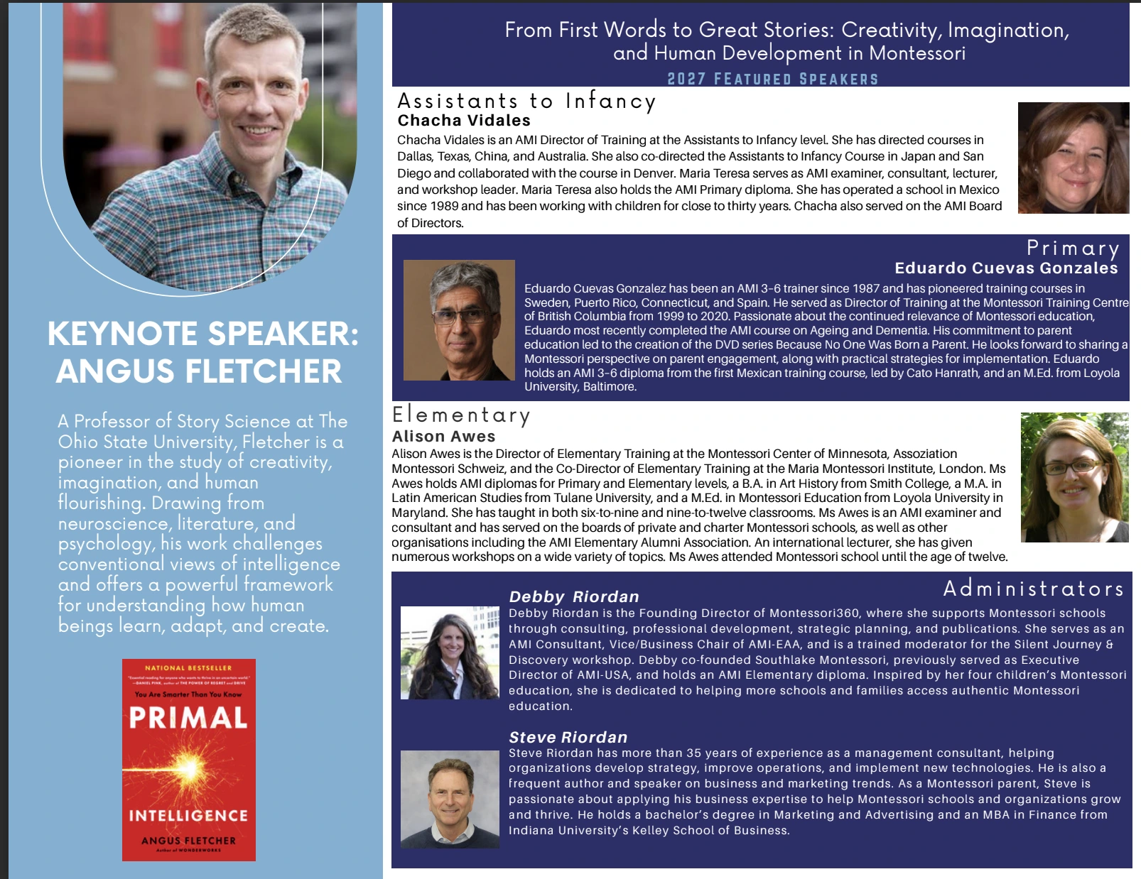 MASC 2027 featured speakers: keynote Angus Fletcher, Chacha Vidales, Eduardo Cuevas Gonzales, Alison Awes, Debby Riordan, and Steve Riordan